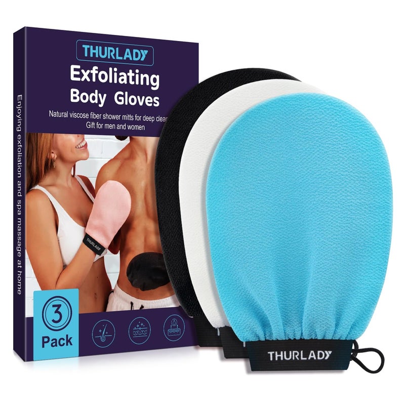 THURLADY Korean Exfoliating Mitt, Exfoliating Glove, 3 Pack Viscose Fiber Body Scrub Gloves, Dead Skin Remover for Smoother Skin, Self-Tan Prep and Removal, Blue White Black - Image 1
